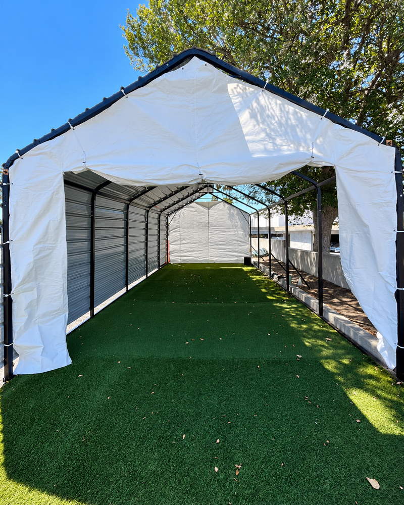 The covered turf workout space beside the BACE truck